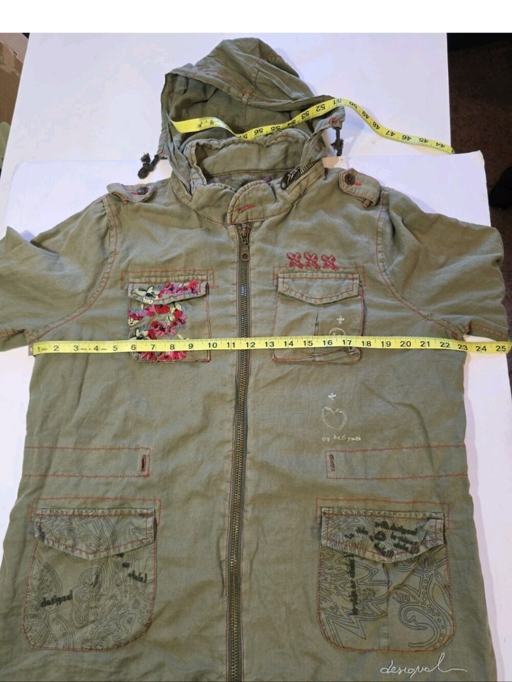 Desigual Womens Army Green Hooded Jacket with Floral Embroidered Patches Size 46 - Picture 9 of 13